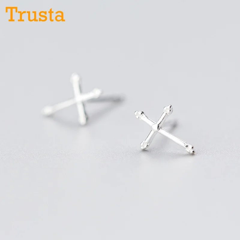 Trusta 925 пробы серебряные ювелирные изделия модные милые миниатюрные 10 мм X 7 мм Крест серьги-гвоздики подарок для девочек Дети Леди DS406