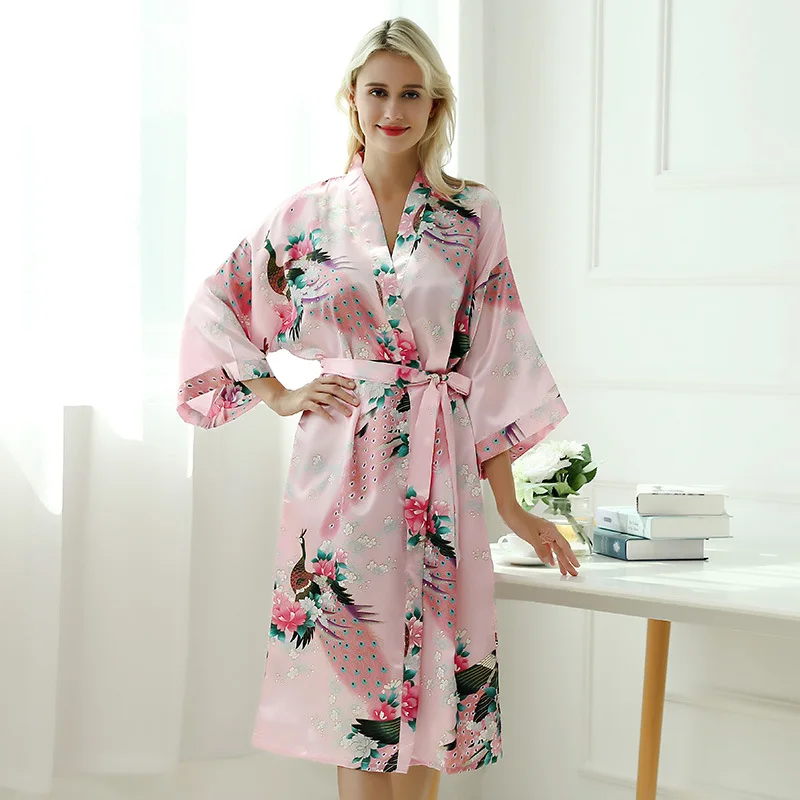 Print sleepwear robe women long sexy silk bathrobe female bride gown spring summer peacock home wear kimono night dress DR18336 (5)