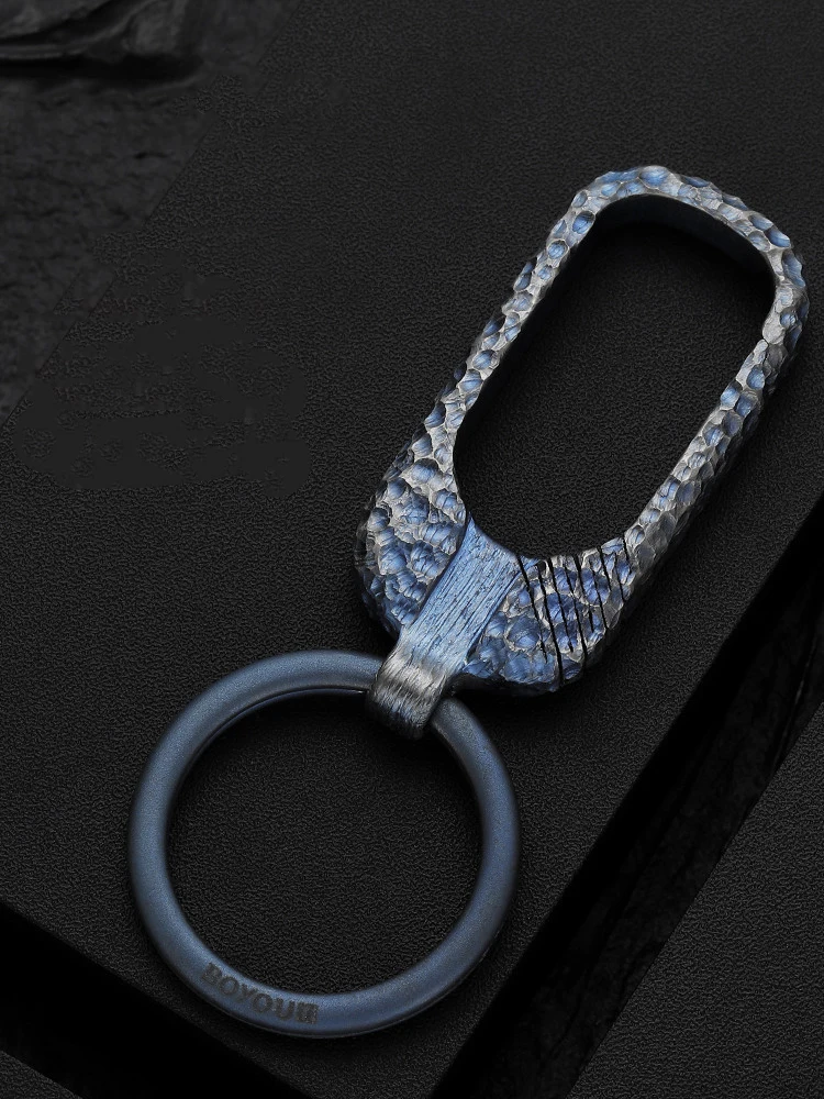High-grade Burnt Blue Crater Handmade Titanium Alloy Keychain Men And Women Simple Luxury Car Key Chain Strong Durable