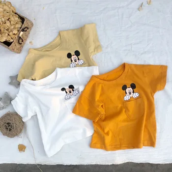 

3187 Spring And Summer New Children's Wear kid boys girls Cartoon Printed Pocket T-shirt Short Sleeve Baby Casual Tops