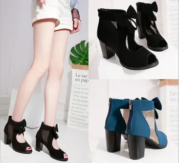 

Women Pumps High Thick Black Heels Ladies Shoes Rivet Mesh Zipper Open Toe Casual Party wedding Chunky Party Dress Sandal 1