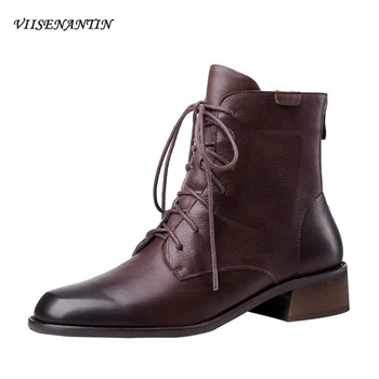 

New Retro Ankle Boots Women European American Mid-heel Zipper Small Leather Boots Brown Square Toe Thick Heel Lace-up Boots