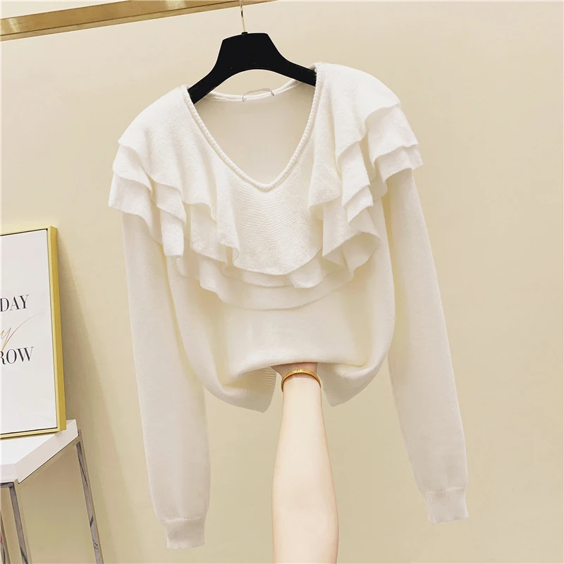 

2020 Autumn Winter Women Knitted Sweater Ruffled V-neck Pullover Loose Casual Soft Jumper New Sweet Design Sweaters Cropped