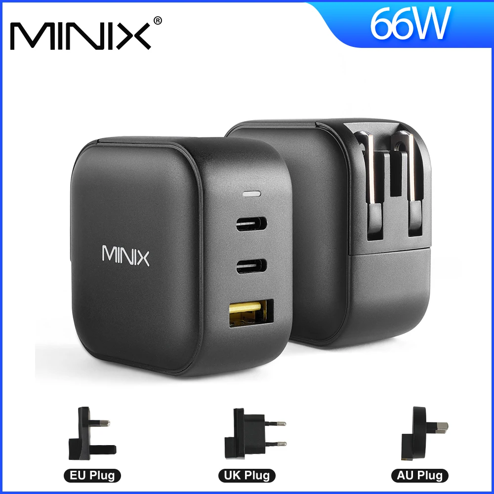 US $34.32 MINIX NEO P1 66W GaN Charger P1 66W Fast Charger 3 Ports 2xUSBC 1xUSBA Quick Charger EUUSAUUK Plug Adapter For Iphone Ipad