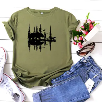 

Forest Bear Print T Shirts for Women Summer Short Sleeve Tops Cartoon Funny Graphic Tees Plus Size Cotton Tshirt Woman Clothes