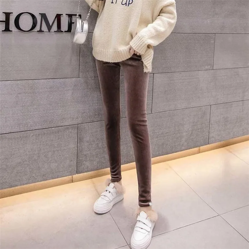 K039 Coffee INDJXND Ladies Winter Warm Thick Velvet Leggings Casual Female Solid Soft Autumn Pants Slim Skinny Pencil Pants For Women S-XXL - Цвет: K039 Coffee