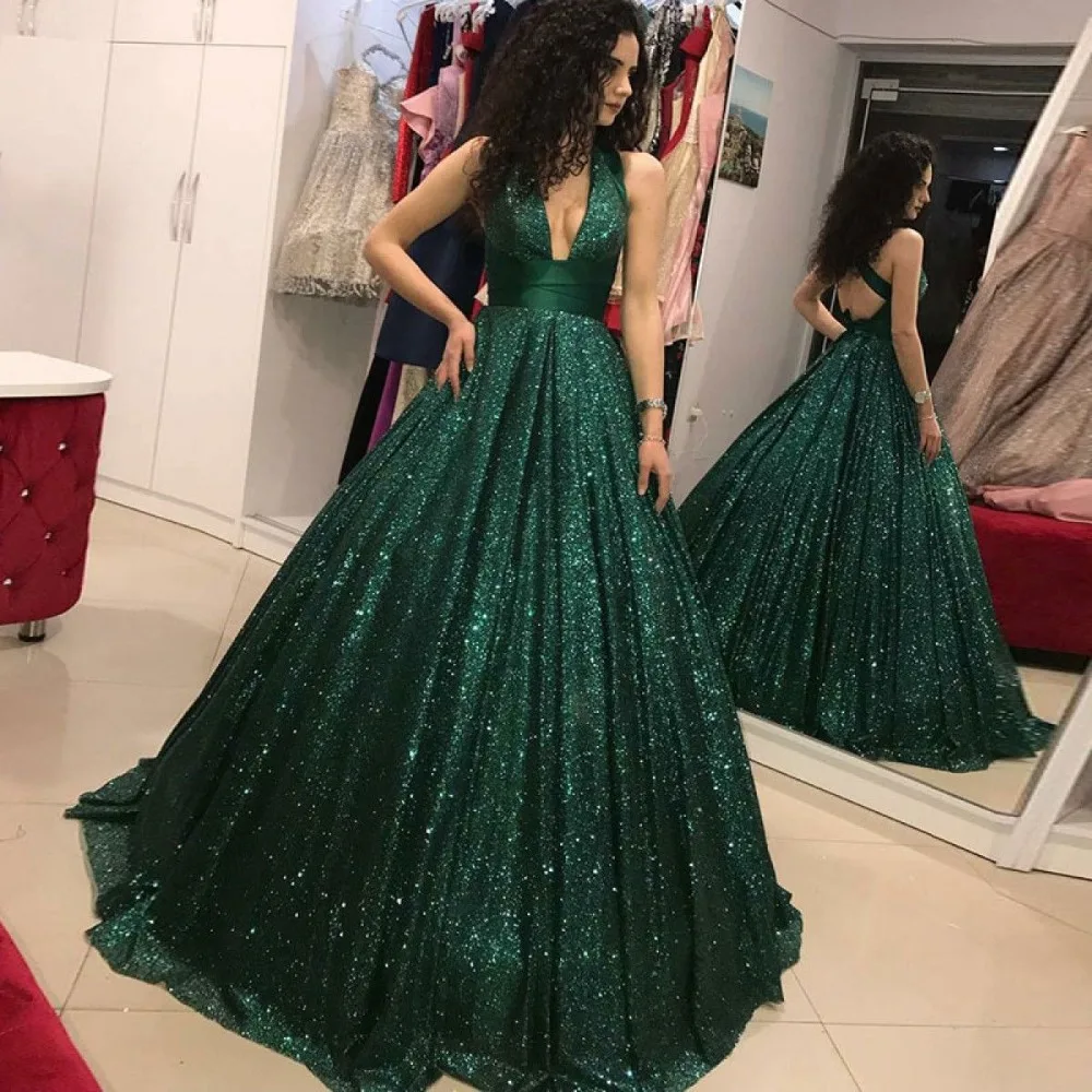 Темно-зеленое вечернее платье с блестками бальное платье robe de soiree V шеи Выпускное Платье vestido de festa longo длинная одежда для вечеринки сексуальная спина