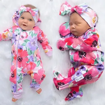 

Fall Winter Newborn Infant Jumpsuit Baby Girl Clothing Flower Print Zipper Cotton Rompers Jumpsuits Outfits 0-24M