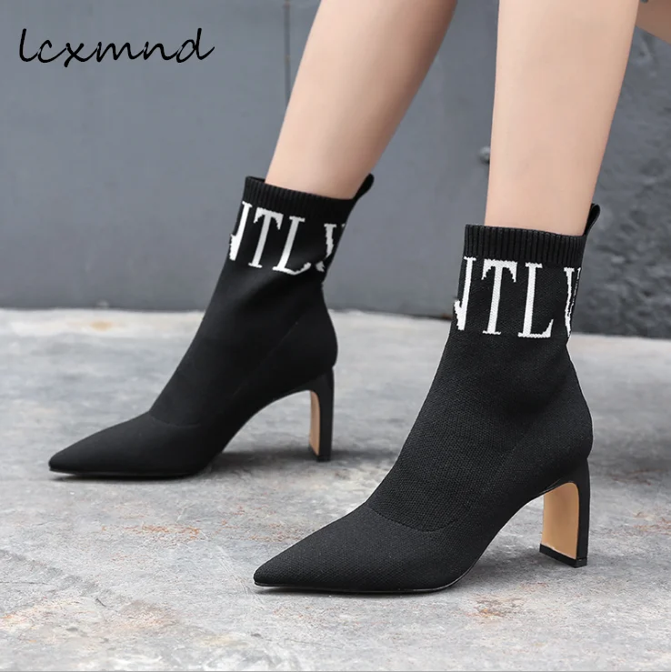 

Women's boots elastic socks boots autumn and winter large size short boots pointed high-heeled knitted wool ladies boots a131