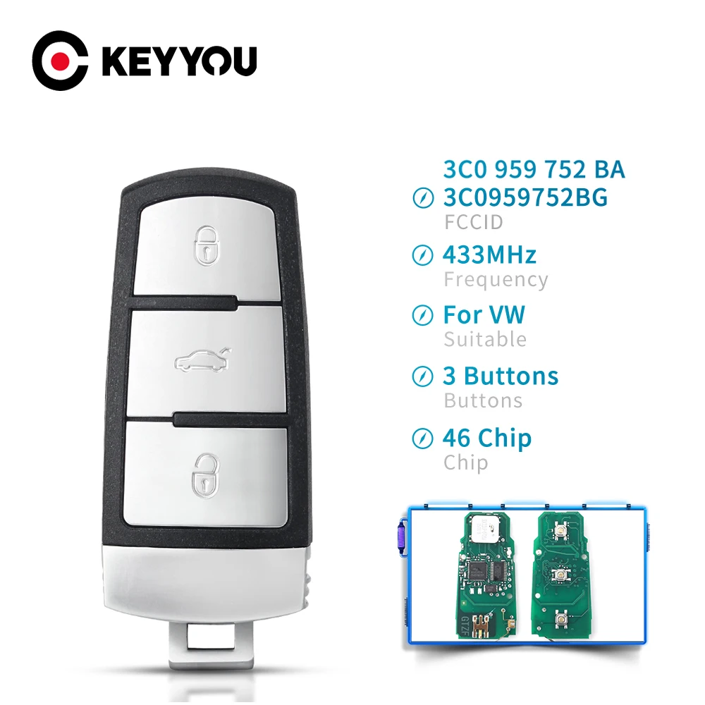 KEYYOU 3C0959752BG 3C0959752BA Смарт ключа go дистанционный ключ-брелок от машины 3 кнопки 434 МГц