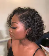 Pelucas de encaje frontal de corte pixie Bob, 150, 180, 250%, rizado, cabello humano con cierre de encaje Remy prearrancado