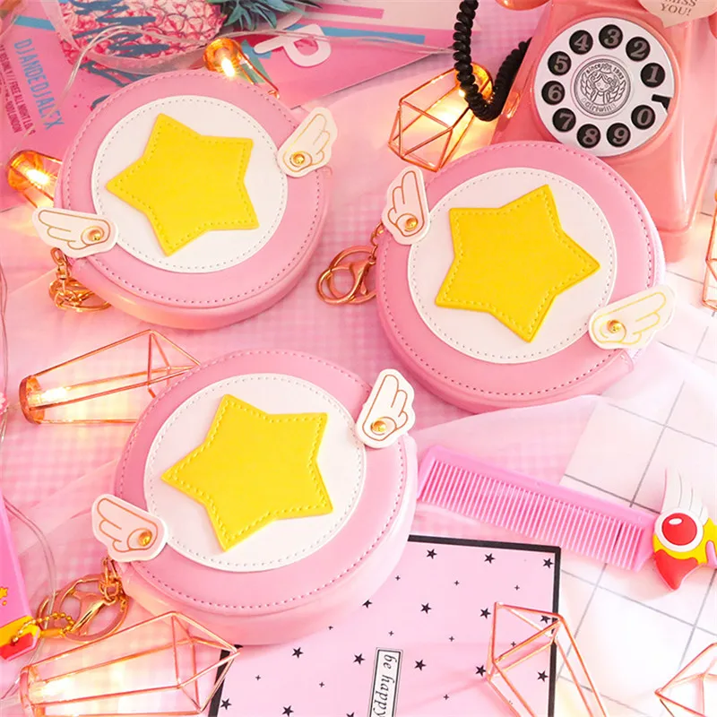 

Card Captor Sakura Wallet Woman Cute Wings Coin Purse Sakura Kinomoto Purse Girls Circular Small Money Bag Key Ring Change Pouch