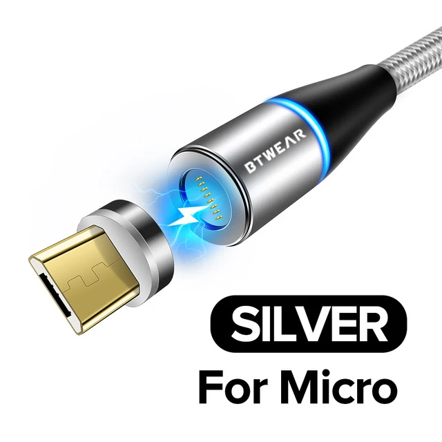 BTwear Магнитный usb-кабель для зарядки 3,3 фута/1 м с разъемами Micro usb type C IOS 3 в 1 зарядный кабель-адаптер для iPhone huawei - Цвет: Micro USB-Sliver