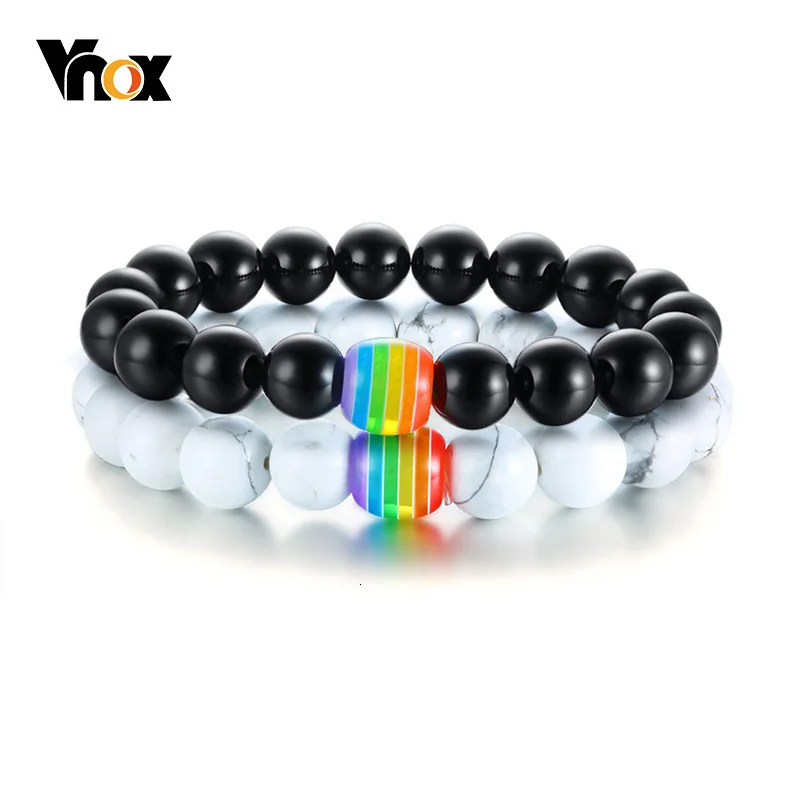 Vnox Natural Stone Beaded Bracelets for Men Women Classic Distance Bracelet White and Black Beads Best Friends Gifts | Украшения и