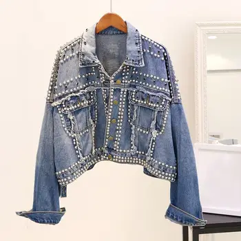 

Autumn Women Denim Short Coat Beaded Rivet Jeans Jackets Pockets Lady Casual Loose Blue Long Sleeve Jackets