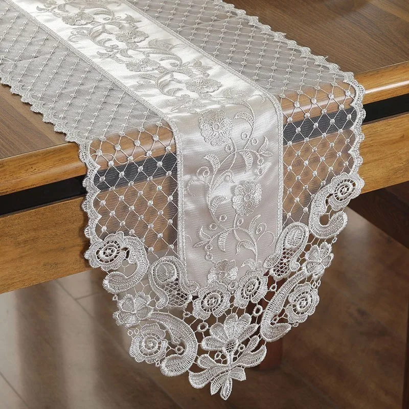 British Fashion Damask Lace Embroidery Grey Coffee Table Runner Mats Flag French TV Cabinet Piano Wedding Holiday Camino De Mesa