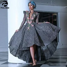 Серое платье для выпускного вечера с высоким низом, шикарное кружевное платье с v-образным вырезом и длинными рукавами, вечернее платье, арабские женские вечерние платья