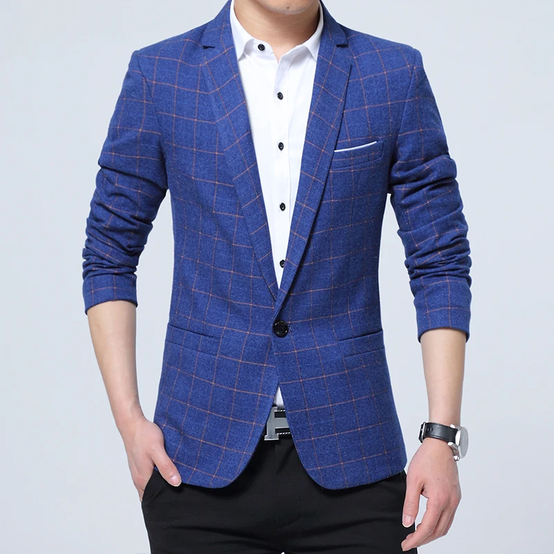Spring Autumn New Men's Blazer Plaid Suit High Quality Fashion Trendy Slim Suit Business Casual Single Button Jacket
