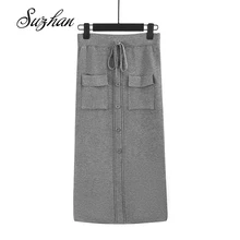 Suzhan женские юбки с завязками на эластичном поясе, вязаные юбки средней длины, осенне-зимняя юбка с карманами и пуговицами