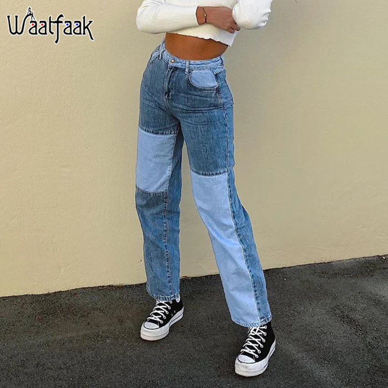 Waatfaak Contrast Patchwork Women High Waist Jeans Blue Streetwear Straight Cargo Pants Casual Push Up Denim Jeans Aesthetic Y2k Waatfaak Contrast Patchwork Women High Waist Jeans Blue Streetwear Straight Cargo Pants Casual Push Up Denim Jeans Aesthetic Y2k