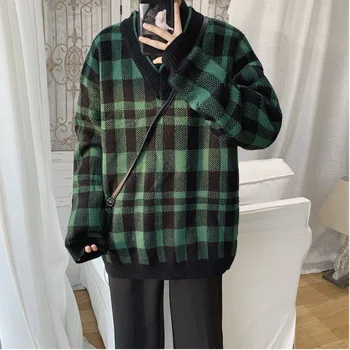 

2019 Autumn And Winter New Plaid Loose V-neck Sweater Men's Fashion Casual Long-sleeved Pullover Green / Yellow M-2XL