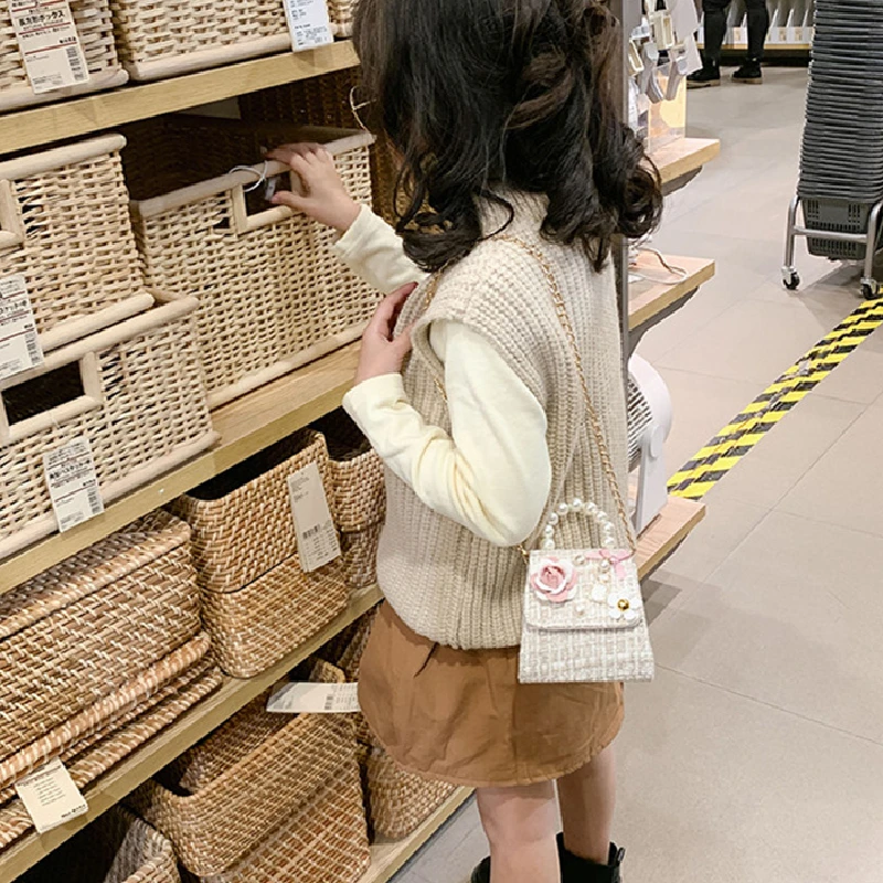 Baby Mini Bow Flower Crossbody Bags Girls Princess Lace Manual Pearl Chain Shoulder Bag Fashion Kids Keys Coin Purse School Bag