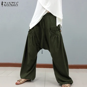 

ZANZEA 2020 Spring Women Wide Leg Pants Casual Loose Elastic Waist Long Pants Leisure Drop Crotch Trousers Streetwear Oversize 7