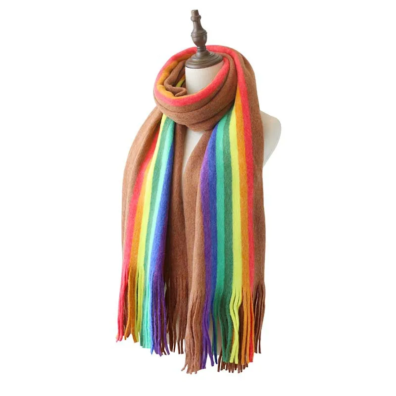

College Style Rainbow Stripe Knitting Women Cashmere Double sided Ladies Winter Thickening and Warming Neck Pashmina