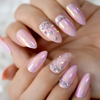 

Chrome Pink Fantasy Crystal Nails Almond Mirror Effect Medium Perfect Artificial Nails with Rhinestones AB Stones Decorative