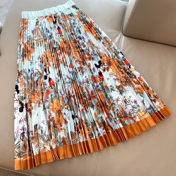 

Long Summer Skirts For Women Vintage High Waist Skirt Casual Print Pleated Skirt Female