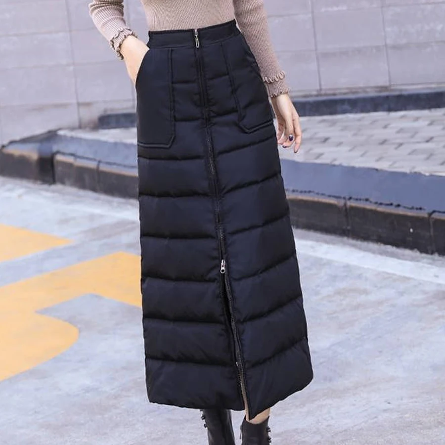 Зимние женские юбки с хлопковой подкладкой, теплая плотная черная юбка размера плюс, Длинная женская юбка 4XL