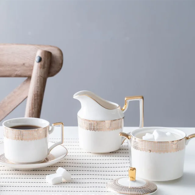 Kávékészlet Csont Arany Háló Vonalak Italok Porcelán Teáskanna Teáscsésze Kerámia Bögre Cukros Tál Tejszínes Kancsó Kávéfőző - Image 4