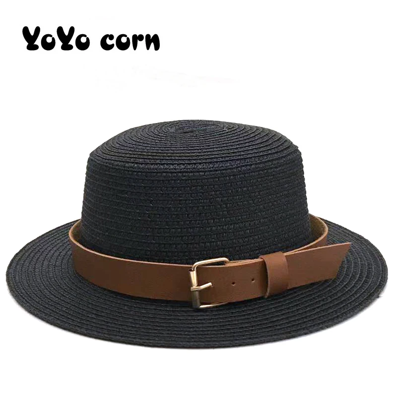 

Boater Beach Ribbon Round Flat Top fedora hat Ladies shade Yellow leather brown beige Cute Sun Hats Large Brim Beach Summer cap