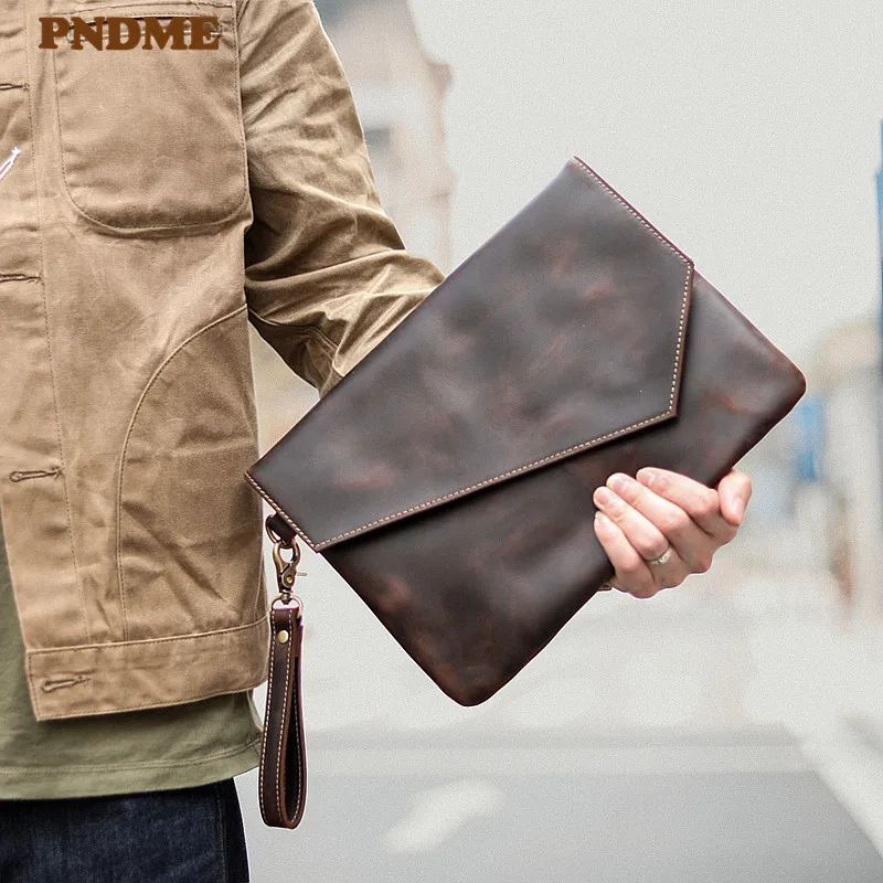 

PNDME fashion vintage genuine leather clutch bag simple casual trend luxury cowhide clip bag daily light envelope bag wallet