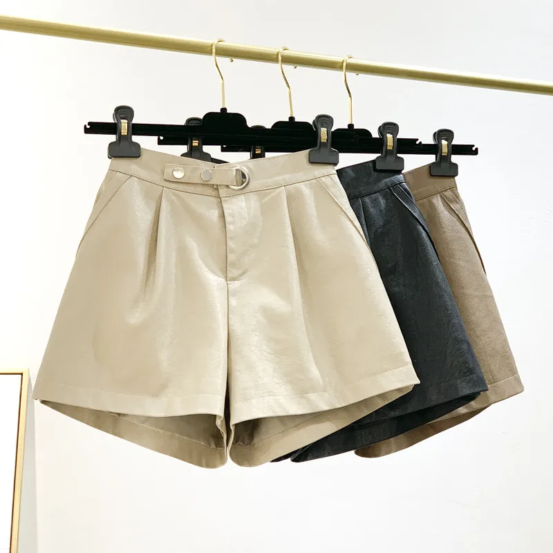 Leather Shorts Women Fashion New Slim Short Femme High Waist Wide Leg Loose Apricot Black Sexy Biker C6066 | Женская одежда