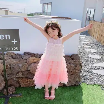 

2020 Spring Summer Cherry Pink Gradient Children Dress Girl's Sleeveless Fuffly Tulle Princess Cake Dress LD207