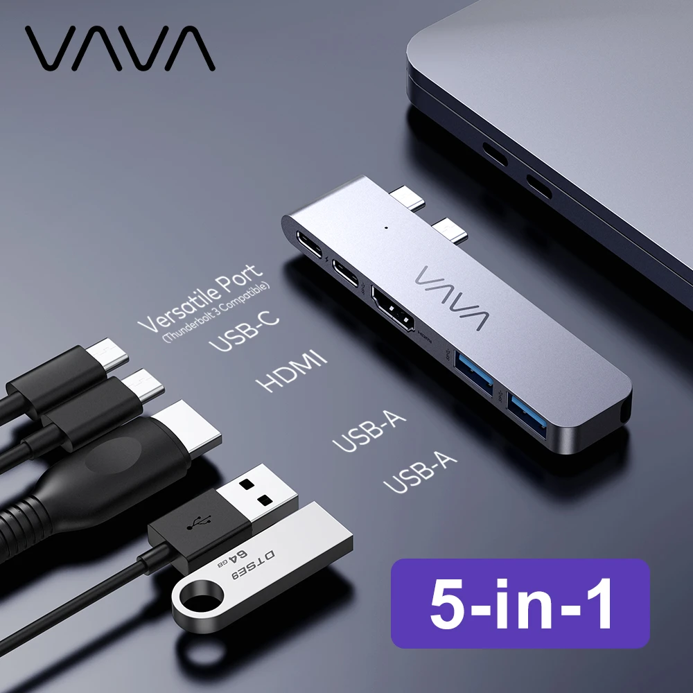 Vava 5in1 Usbc Hub Dualmonitor Adapter 5k 60hz High Speed Usb 3.0 Dock Station Splitter 100w