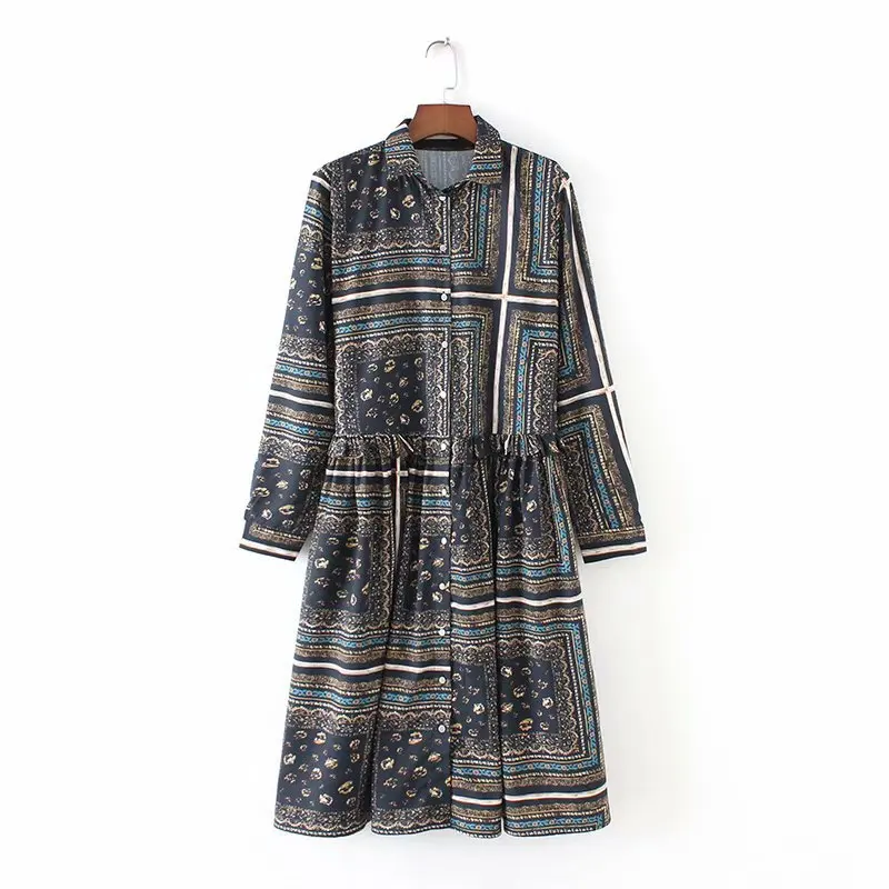 

C8107-xz18137 Trend WOMEN'S Dress Big Hemline Mixed Colors High-waisted Flounced Hem Shirt One Piece Medium-length Dress