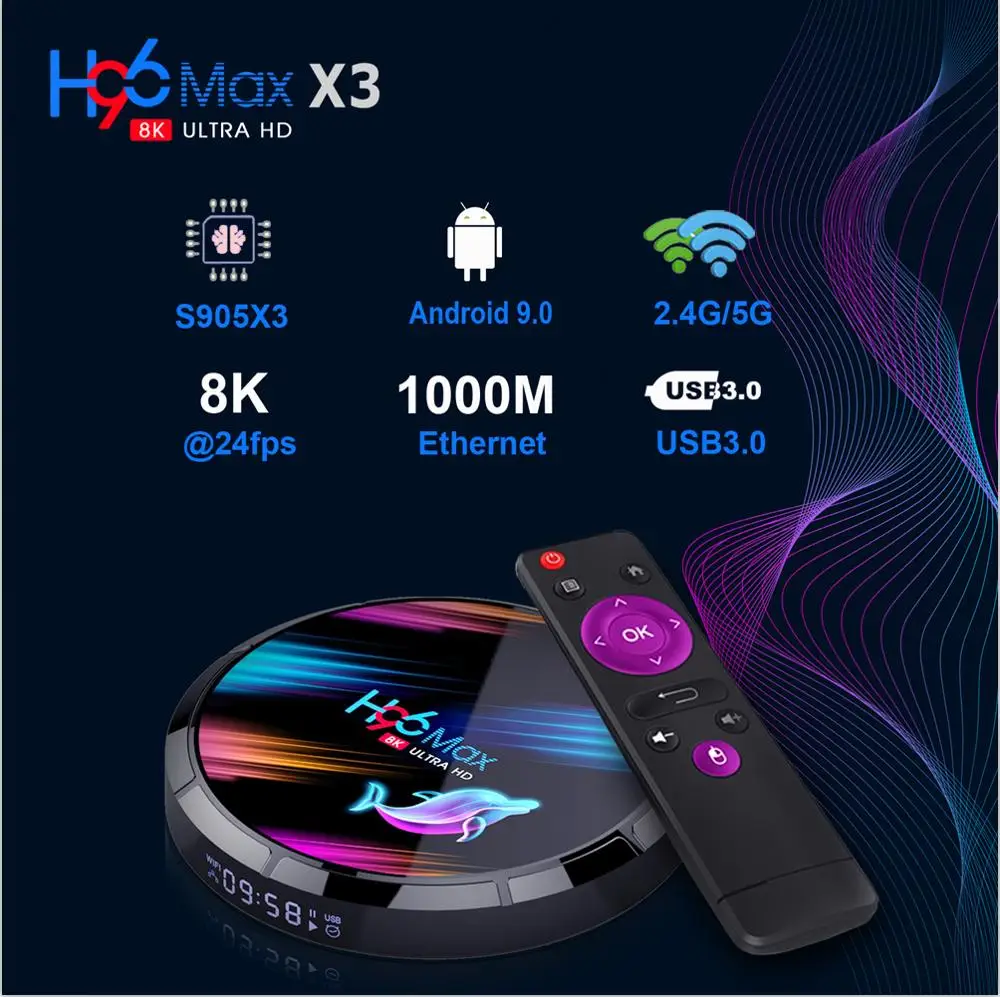 H96 MAX X3 Android 9,0 ТВ приставка Amlogic S905X3 4 ГБ 32 ГБ 64 Гб 128 ГБ четырехъядерный 2,4G 5G двойной Wifi Bluetooth H.265 HD 8K телеприставка