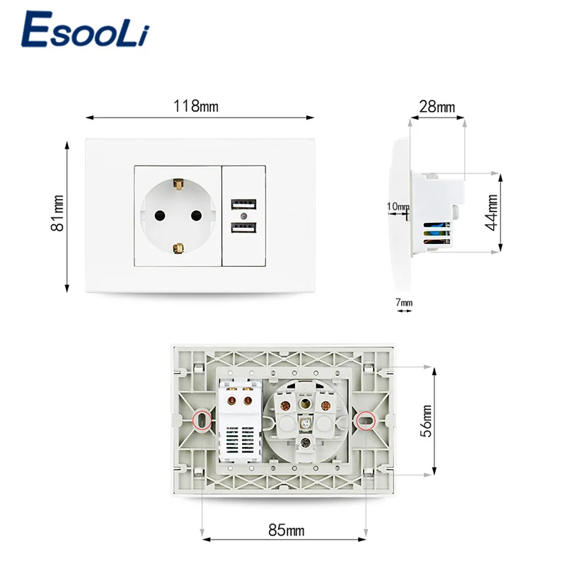 Esooli настенная розетка USB вилка заземленная 16A ЕС стандартный отвод с 1000mA Двойная зарядка с usb-разъемом порт для мобильного 118 мм* 80 мм