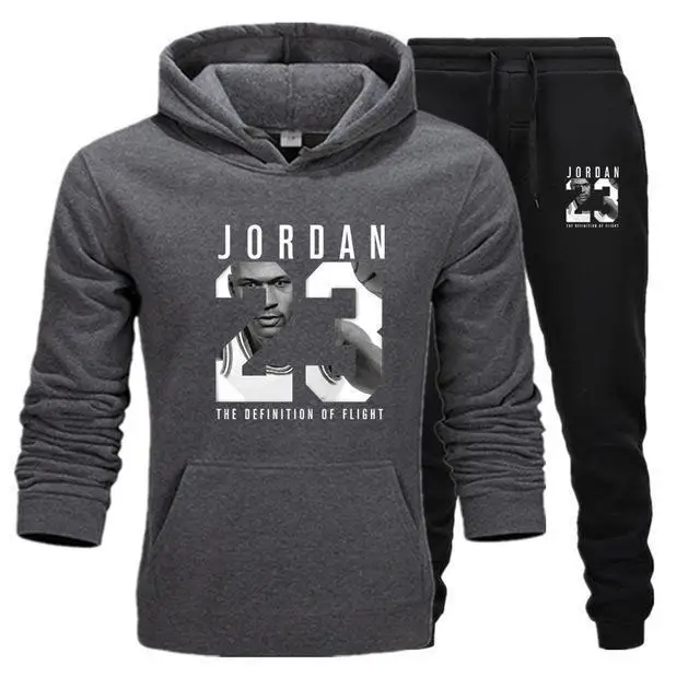 Горячее предложение, брендовый спортивный костюм, модный JORDAN 23, мужская спортивная одежда, комплект из двух предметов, хлопковая флисовая Толстая Толстовка с капюшоном+ штаны, спортивный мужской костюм - Цвет: Dark grayblac
