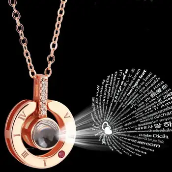 

10pcs/lot Pendant 100 Languages I Love You Necklace Rose Gold Heart Love Projection Pendant Necklaces for Women Gifts Wholesale