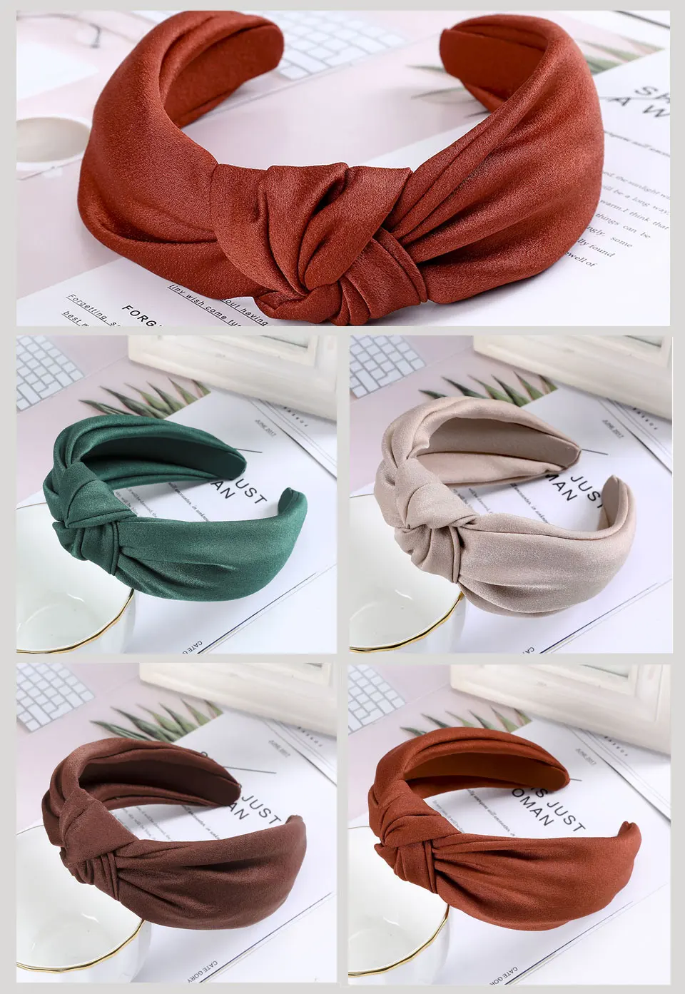 AWAYTR Fashion Satin Girls Hair Accessories For Women Solid Color Knotted Headband Wide Bezel Hairband Girls Hair Hoop Haarband