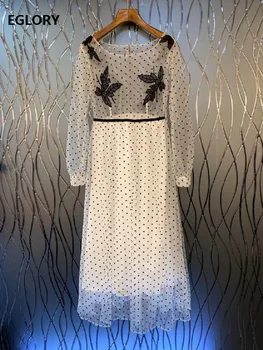 

High Quality New Runway Dress 2020 Spring Summer Sexy Party Women Polka Dot Print Leaves Embroidery Long Sleeve White Dress