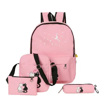 

4Pcs/set Canvas Women Backpack Schoolbag Printed Cat School Bag Bagpack for Teenager Girls Daypack Sac a Dos Mochila Feminina