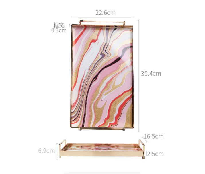 35.4*22.6*6.9cm Light Luxury Storage Trays Metal+ Glass Jewelry Service Tray Milk Bread Food Tray Restaurant Trays Decorative - Цвет: 2