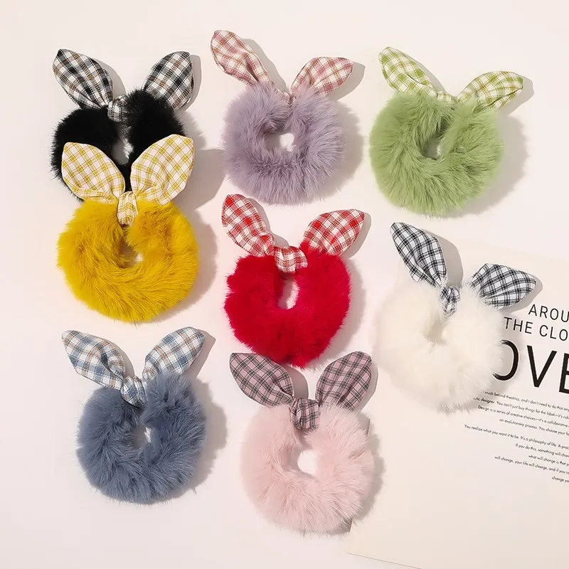 

Cute Girls Rabbit Ears Imitation Bunny Bowknot Hair Scrunchies Women Hairband Rubber Band Circle Simple Tie Hair PonyTail Holder