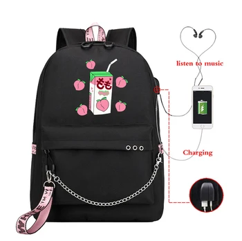 

USB Women Backpack Kawaii Backpacks Travel Backpack Bag Women's Fashion Canvas School Bags Peach Juice Funny Printed Backbag