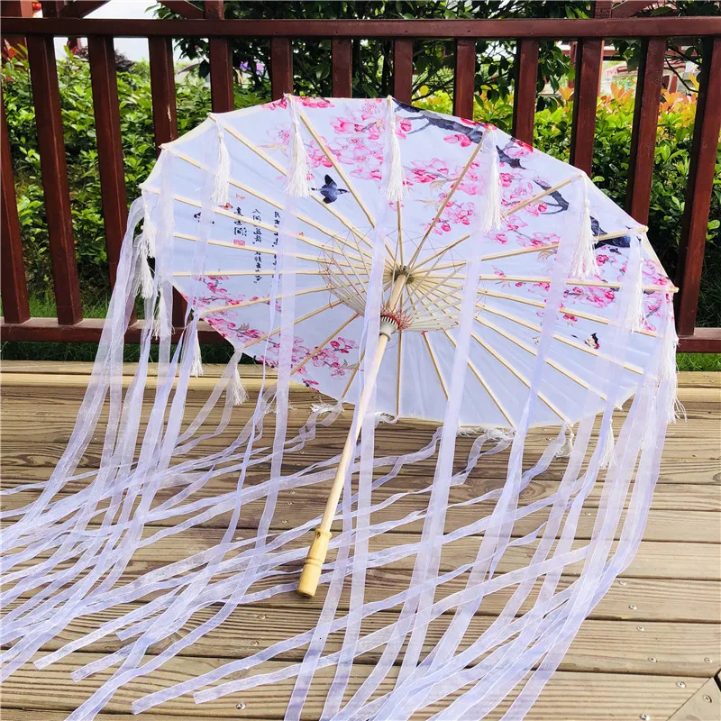 Hanfu Oiled paper Umbrella rain women фотография Prop непромокаемая лента античные кисточки зонтик вентилятор paraguas зонтик - Цвет: white tassel