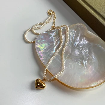 

GHIDBK 925 Sterling Silver Small Natural Freshwater Pearls Necklaces Minimalist Shell Pendant Collar Chokers Boho Heart Necklace